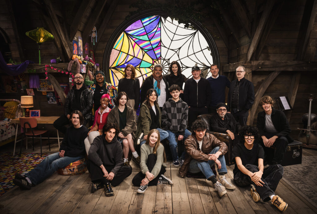 The cast of Wednesday season 2 with director Tim Burton.