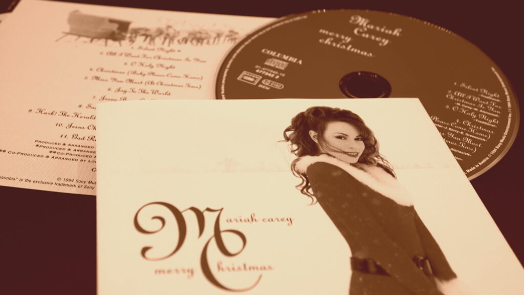 Rome Italy October 11 2023 Selective focus on Maria Careys CD cover Merry Christmas driven b Pubity