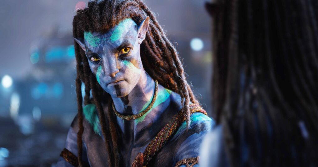 A close up of Avatar character Jake Sully