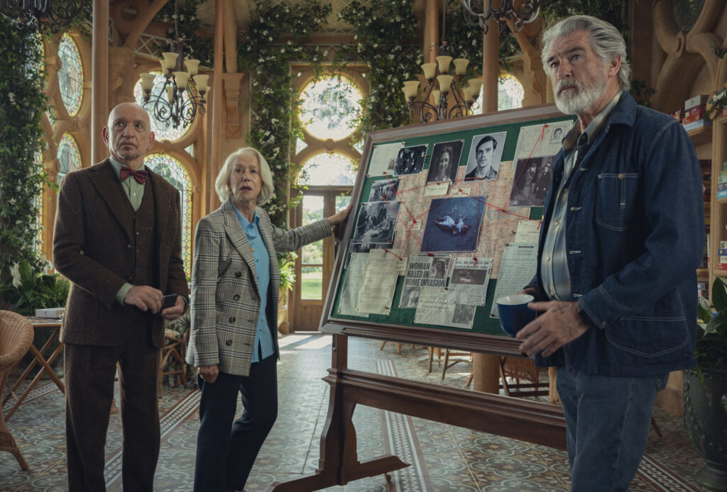 Ben Kingsley, Helen Mirren and Pierce Brosnan in The Thursday Murder Club.