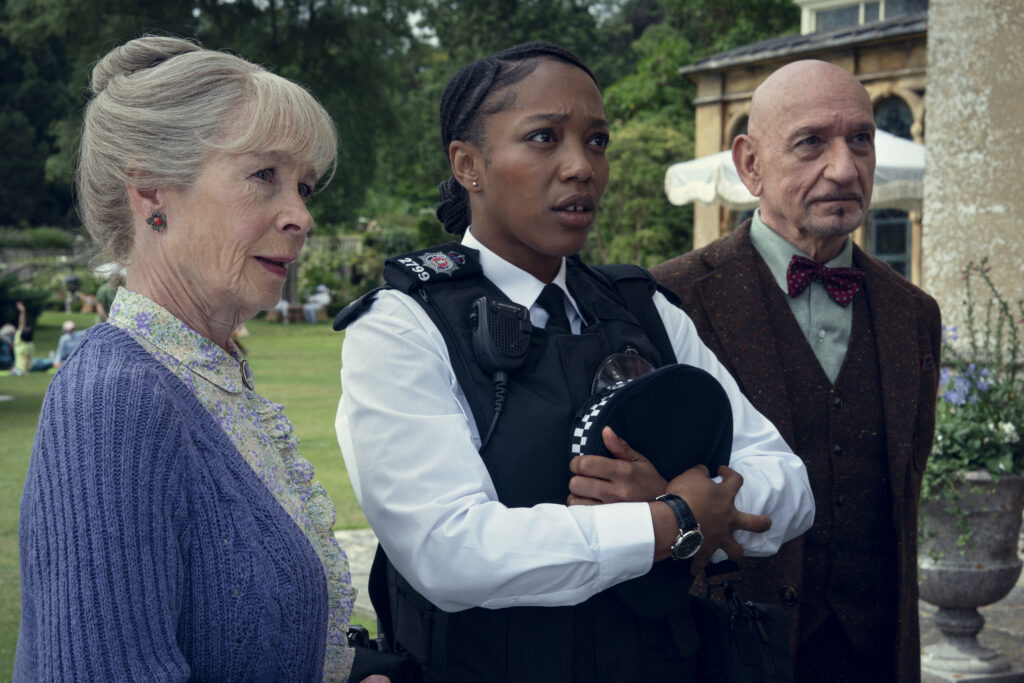 Celia Imrie, Naomi Ackie and Ben Kingsley in The Thursday Murder Club.