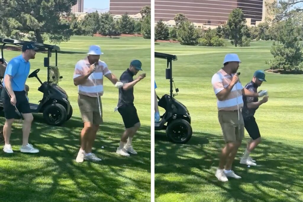 KelceTimberlake Pubity Screenshots of Justin Timberlake and Travis Kelce dancing on a golf course together.