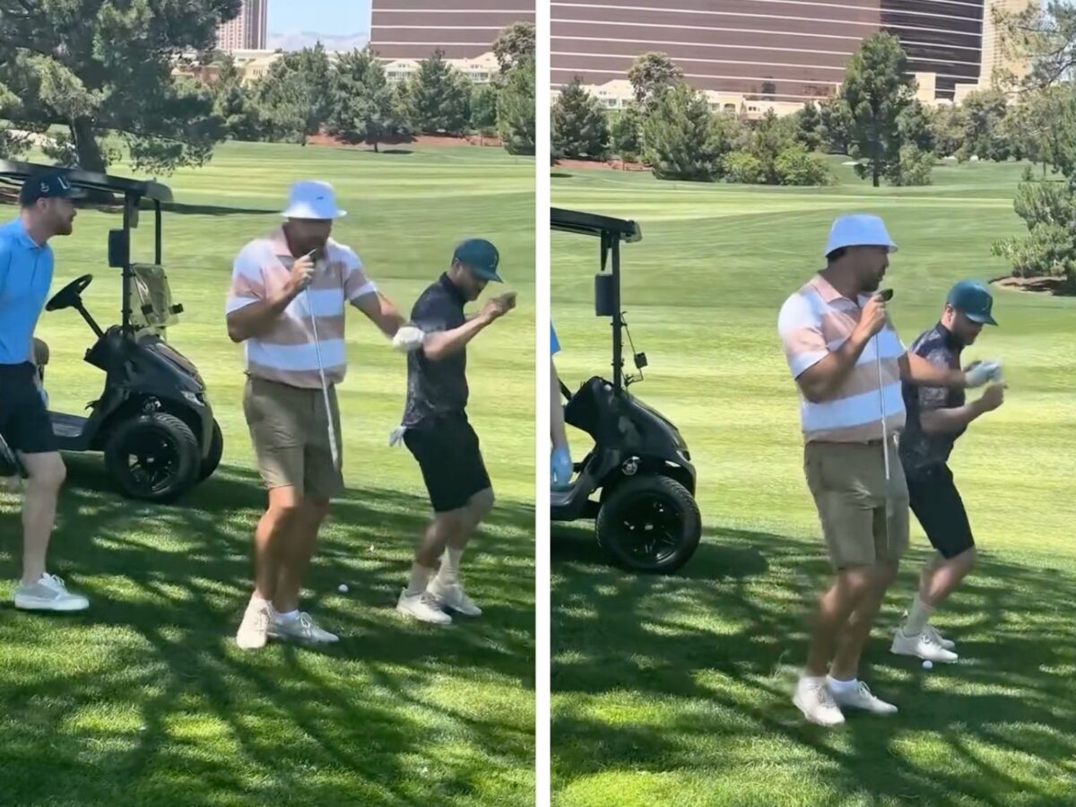 Screenshots of Justin Timberlake and Travis Kelce dancing on a golf course together.