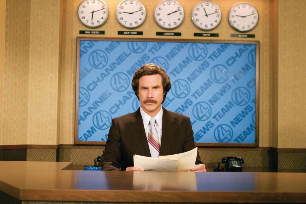 Will Ferrell as Ron Burgundy in the movie Anchorman