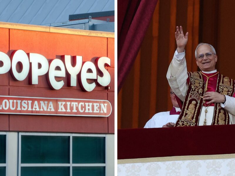 A split image of the Popeyes Louisiana Kitchen logo and new Pope, Pope Leo XIV