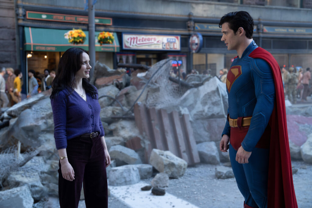 Rachel Brosnahan as Lois Lane and David Corenswet as Superman
