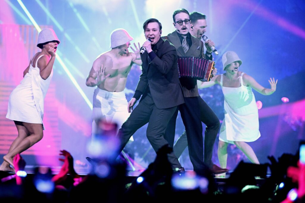 KAJ representing Sweden with their song Bara Bada Bastu performing at Eurovision dress rehearsal